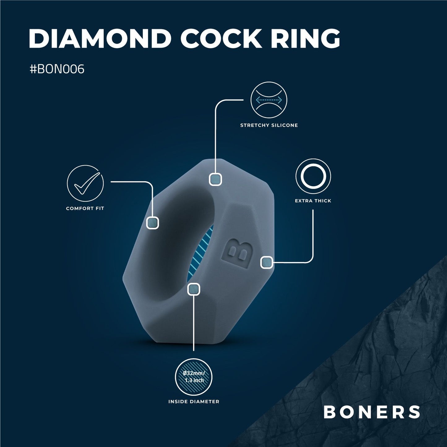 Boners Cockring Met Diamant Design - Grijs - 6