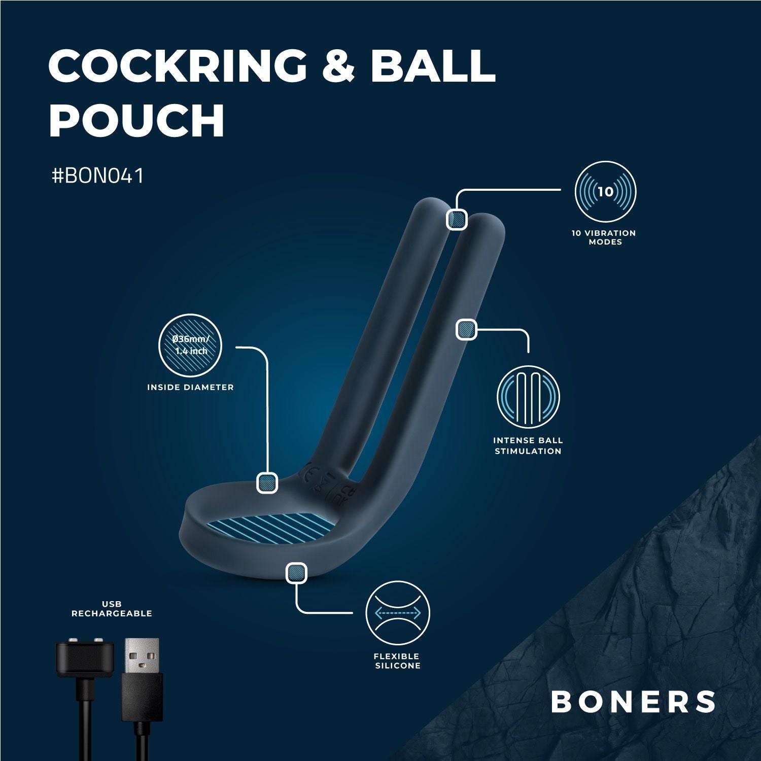 Boners Cockring & Ball Stimulator - Blauw - 6
