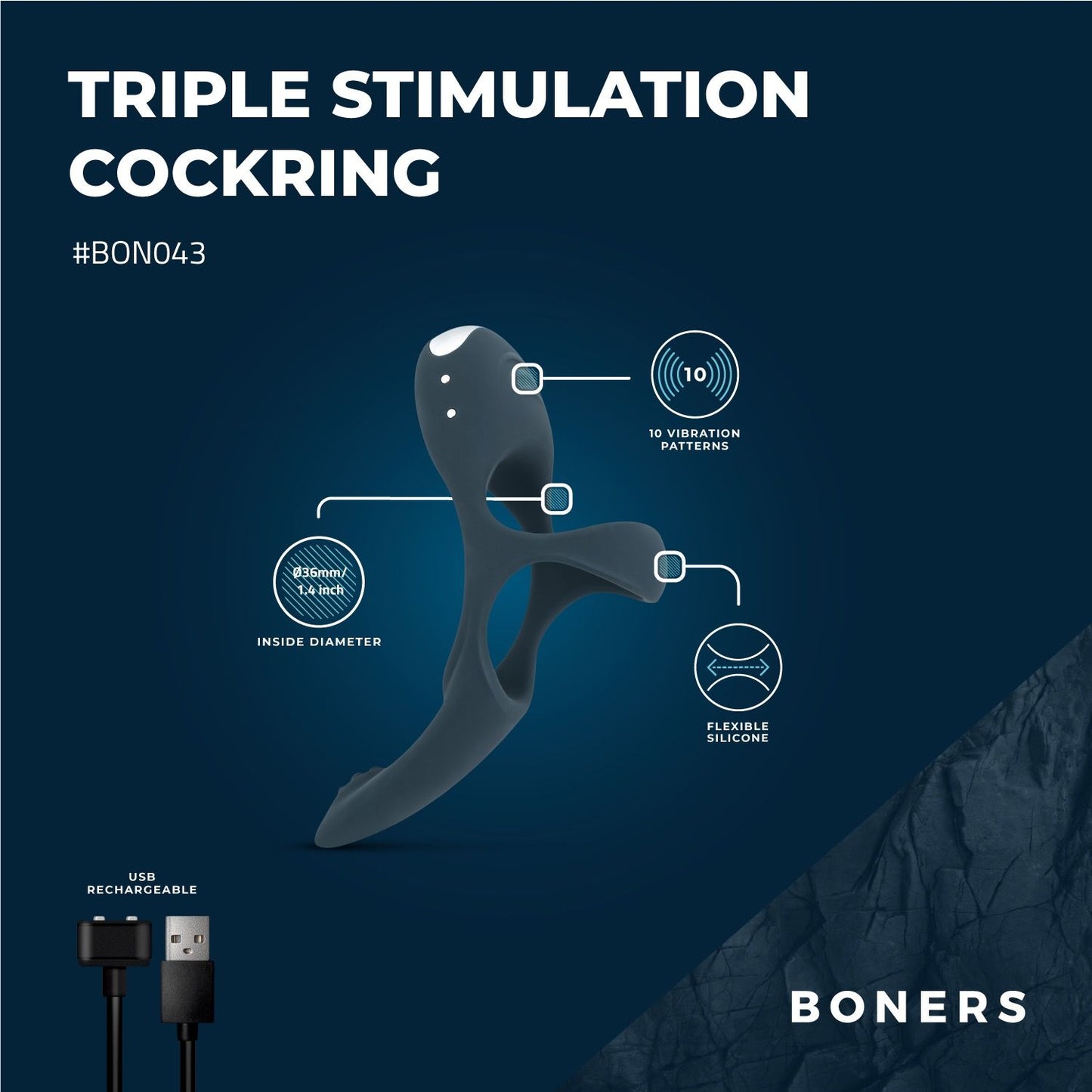Boners Triple Cockring - Blauw - 3