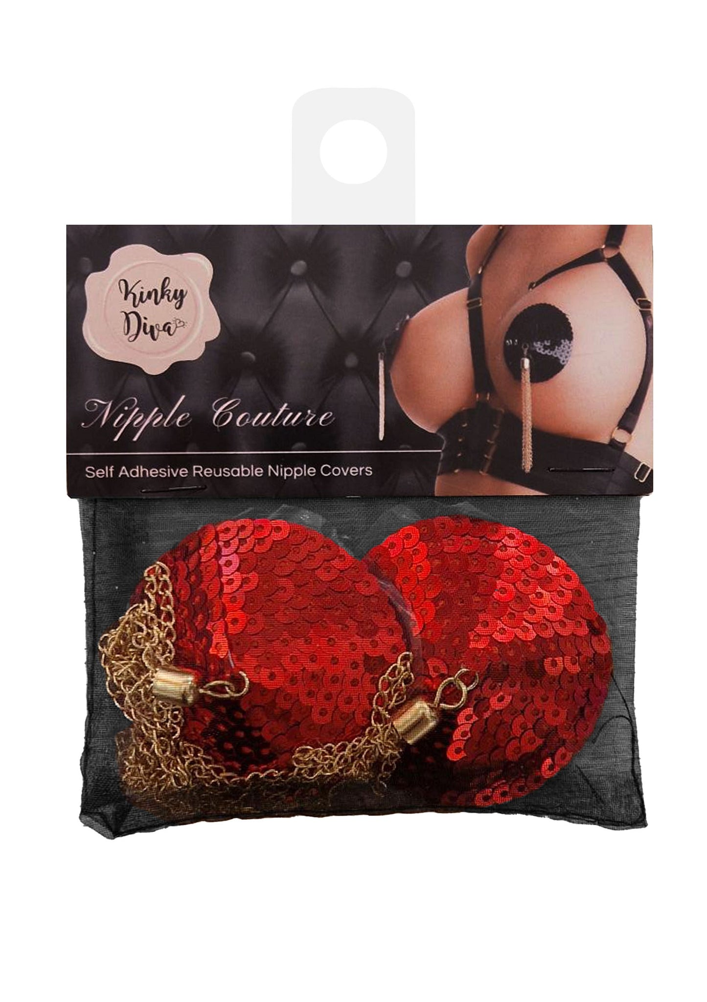 Kinky Diva Sequin Nipple Covers with Chain RED O/S - 2