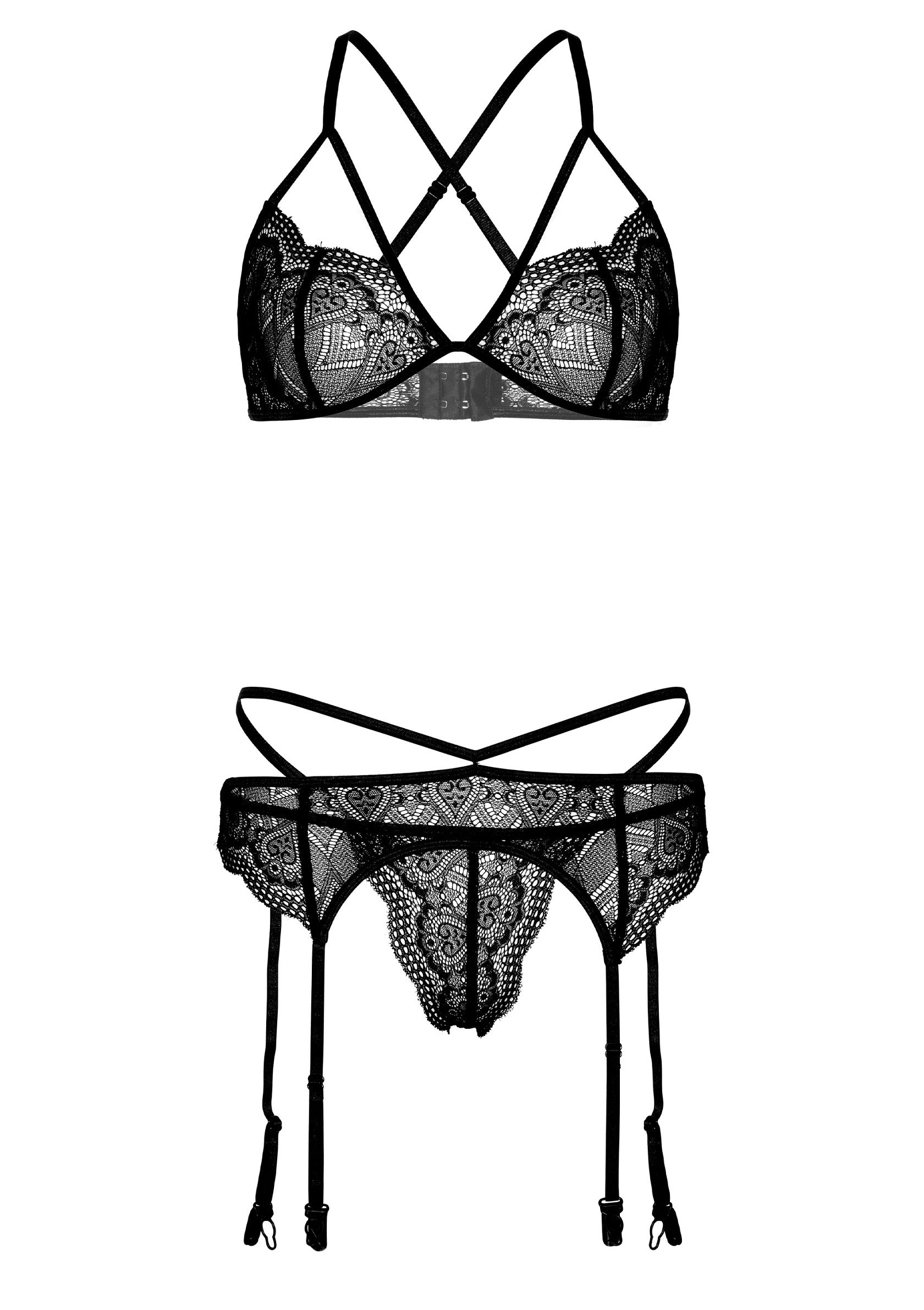 Daring Intimates 4PC Garter Lingerie Set BLACK S/M - 1