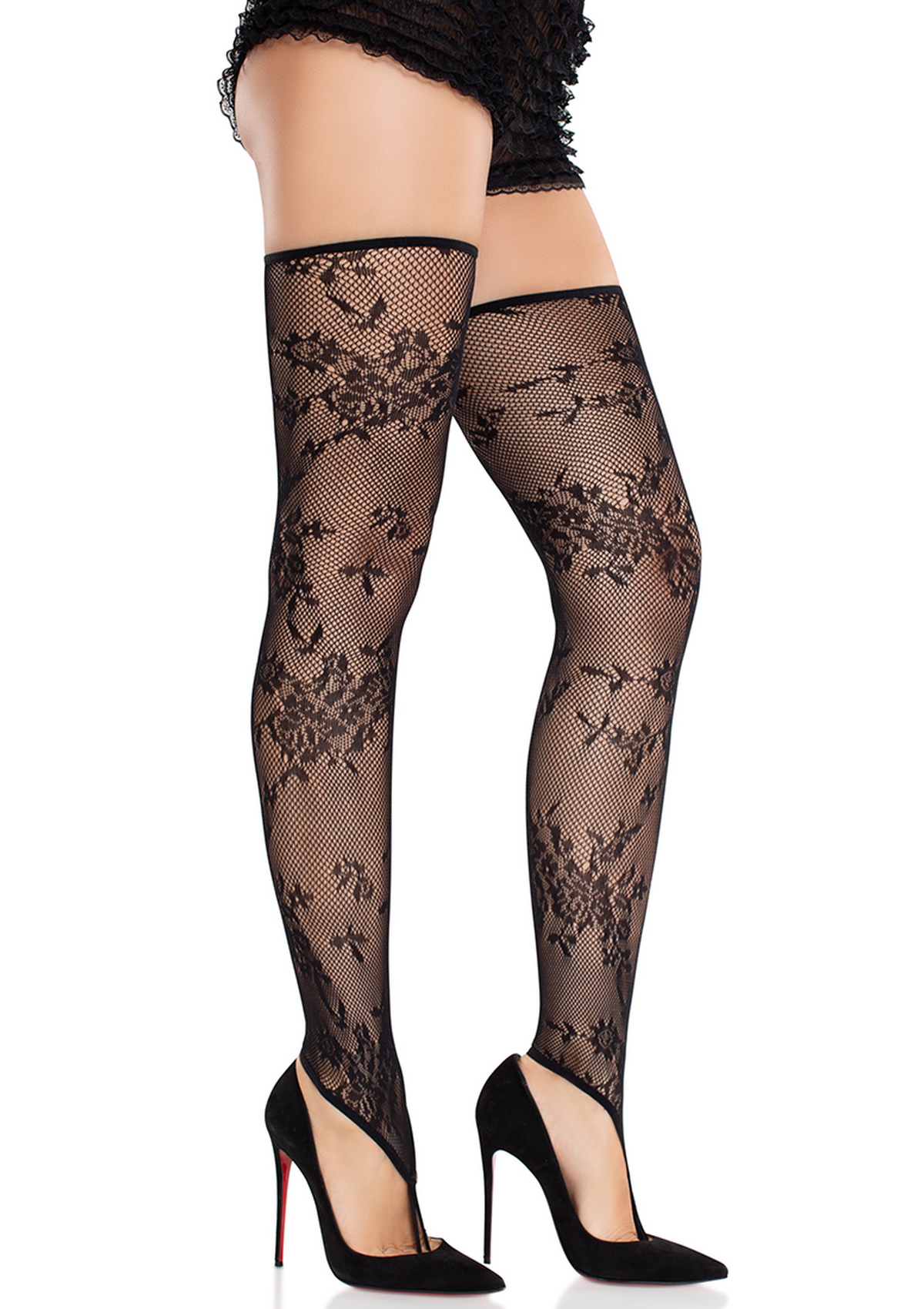 Floral Net Toe Loop Footless Thigh Highs BLACK O/S - 3