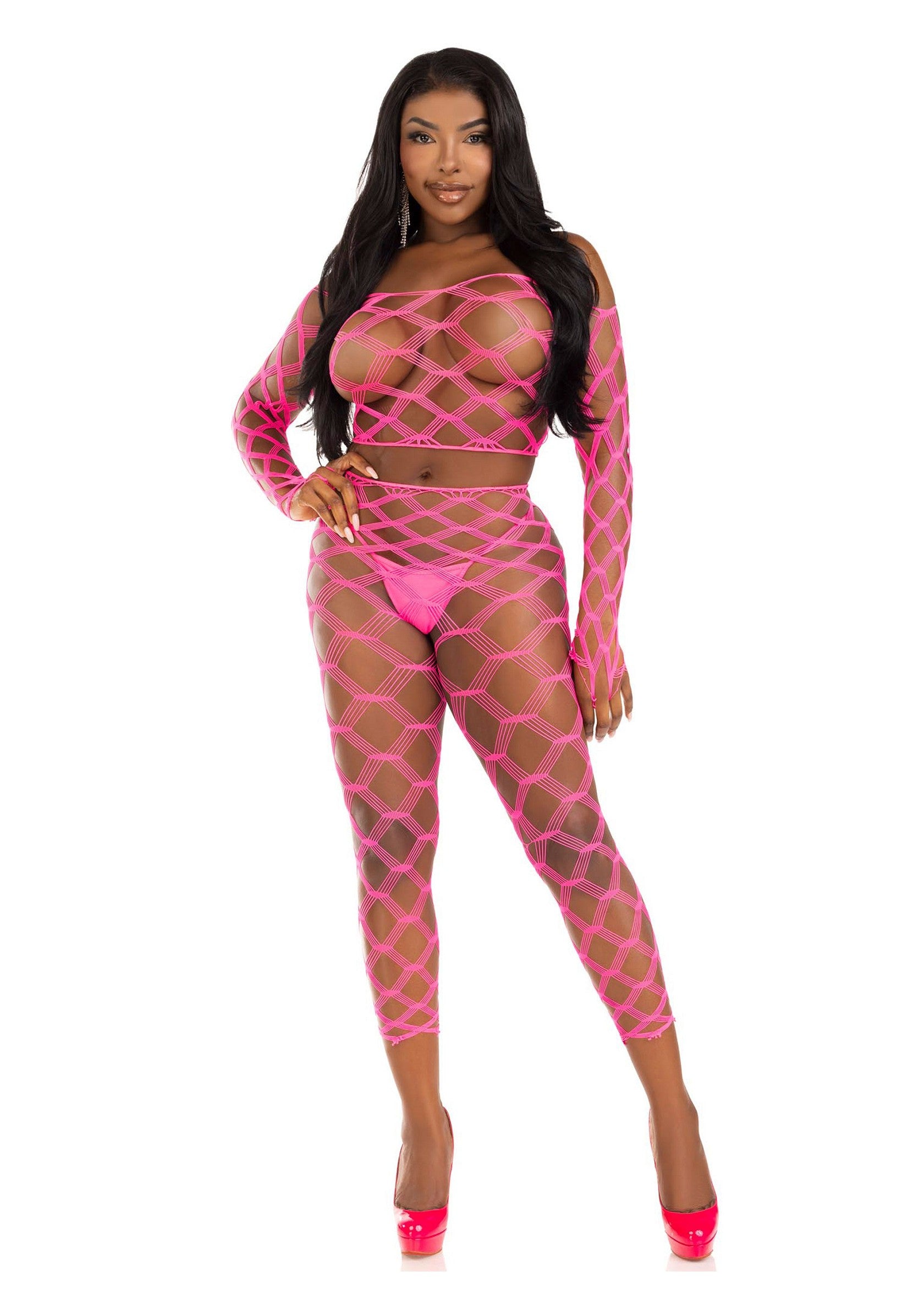 Leg Avenue Net crop top & footless tights PINK O/S - 1724