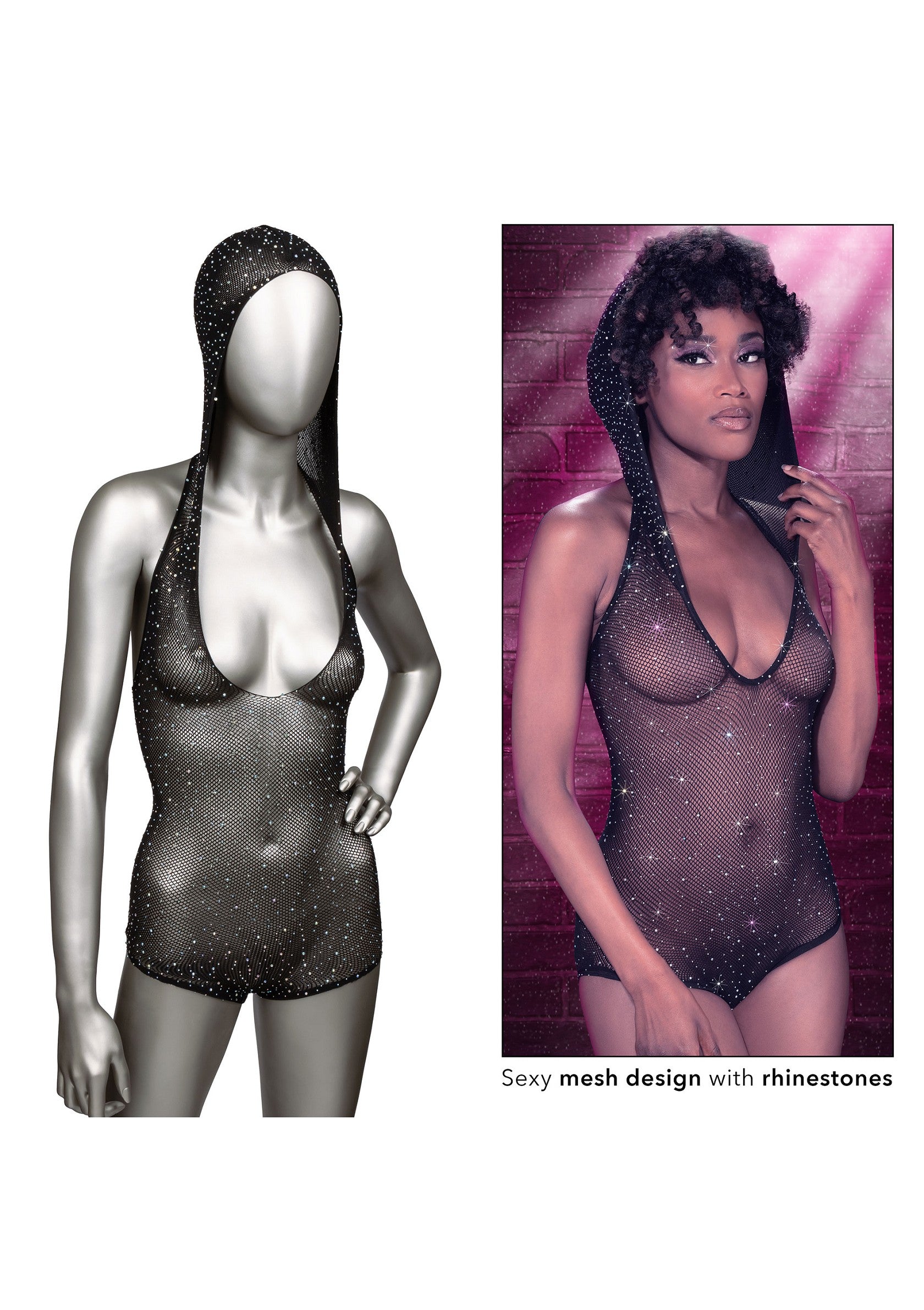 CalExotics Radiance Hooded Deep V Body Suit BLACK O/S - 702