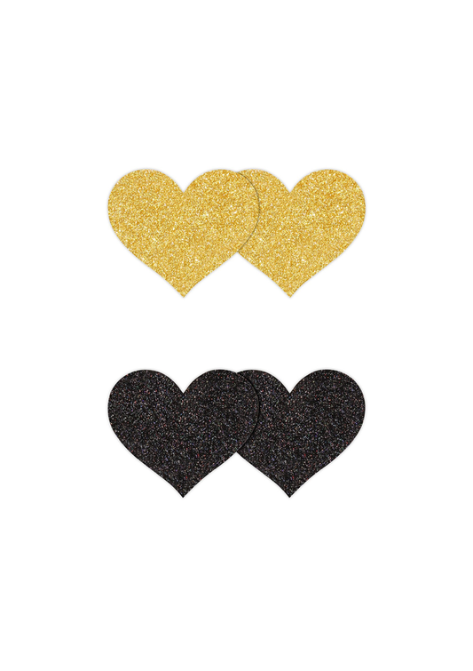 NS Novelties Pretty Pasties Glitter Hearts Black/Gold 2 Pair - Zwart