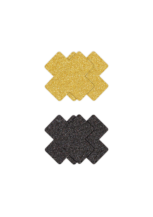 NS Novelties Pretty Pasties Glitter Cross Black/Gold 2 Pair - Zwart