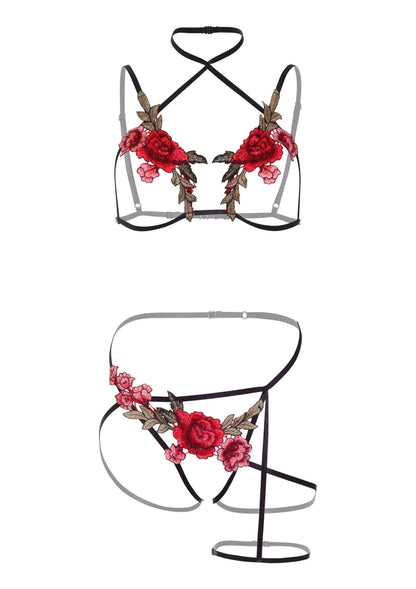 Roses Bra and Crotchless Panty BLACK S/M - 5