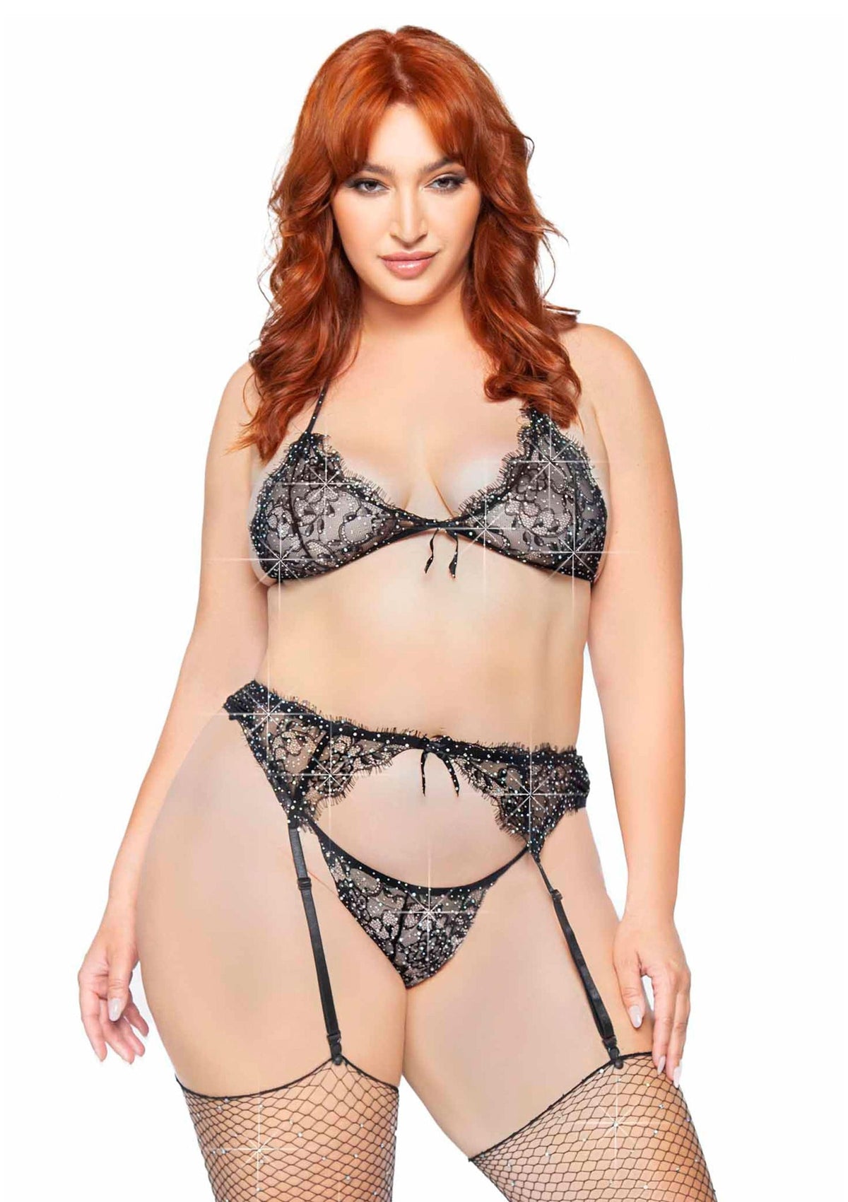 Plus Lace Bra Top, String and Garter Belt BLACK 1X/2X - 0