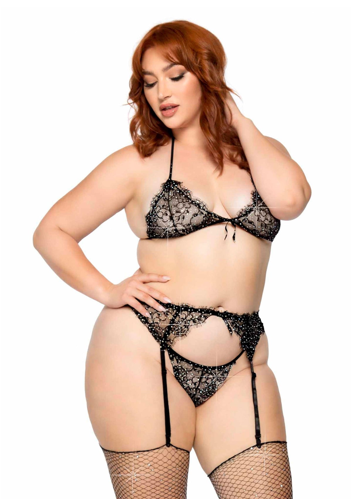 Plus Lace Bra Top, String and Garter Belt BLACK 1X/2X - 2