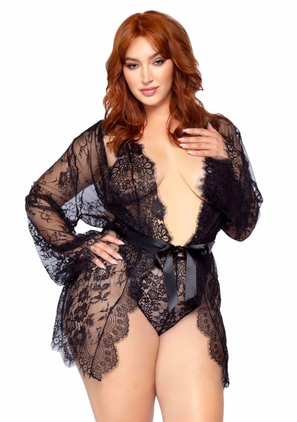 Plus Teddy with Cheeky Thong and Lace Robe BLACK 1X/2X - 0