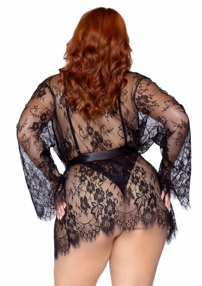 Plus Teddy with Cheeky Thong and Lace Robe BLACK 1X/2X - 1