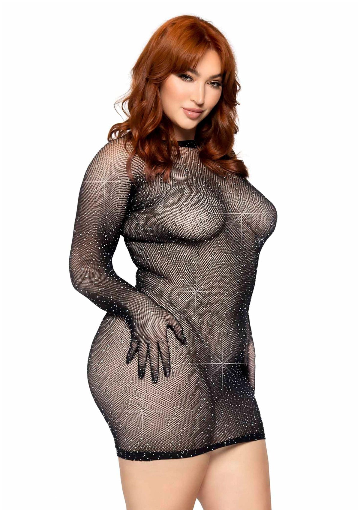 Plus Rhinestone Fishnet Gloved Mini Dress BLACK 1X/2X - 2