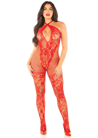 Bodystocking with Crossover Halter RED O/S - 2