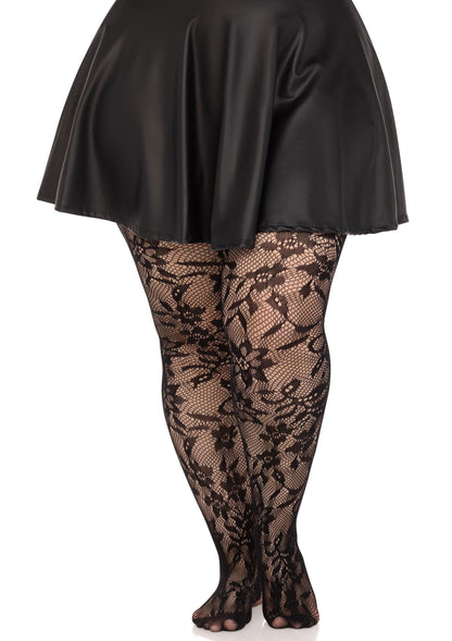 Plus Seamless Floral Lace Pantyhose BLACK 1X/2X - 2