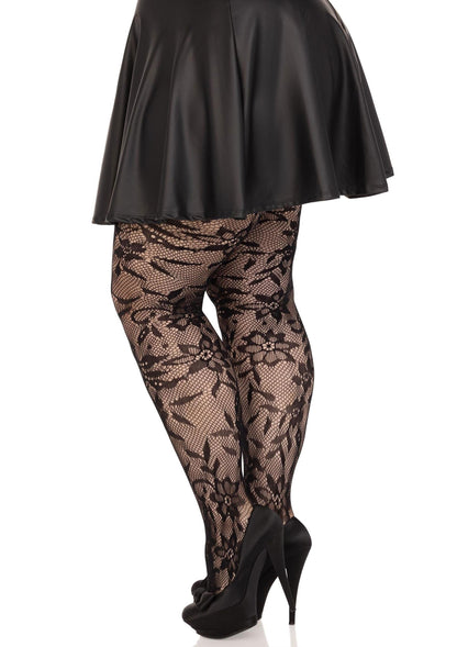 Plus Seamless Floral Lace Pantyhose BLACK 1X/2X - 3