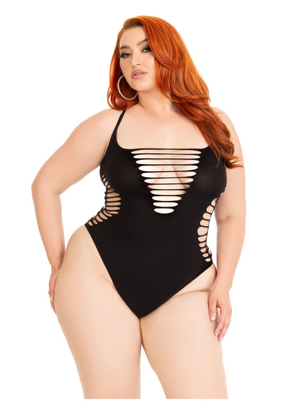 Leg Avenue Shredded thong bodysuit + BLACK 1X/2X - 1854