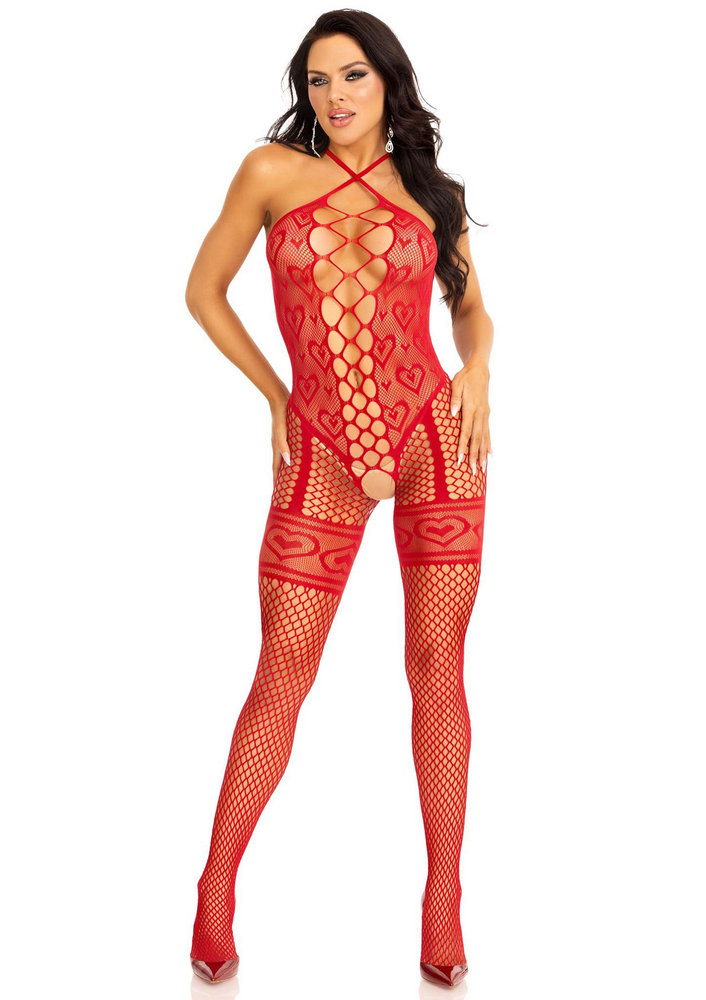 Leg Avenue Heart net halter bodystocking RED O/S - 7