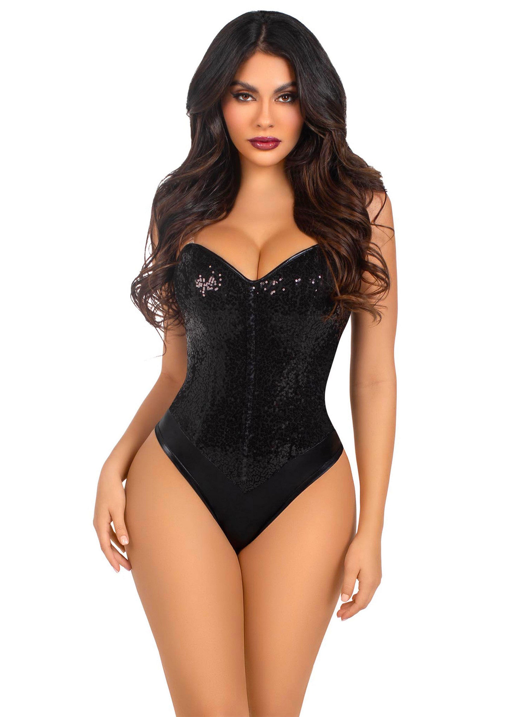 Leg Avenue Sequin Boned Crotch Bodysuit BLACK S - 0